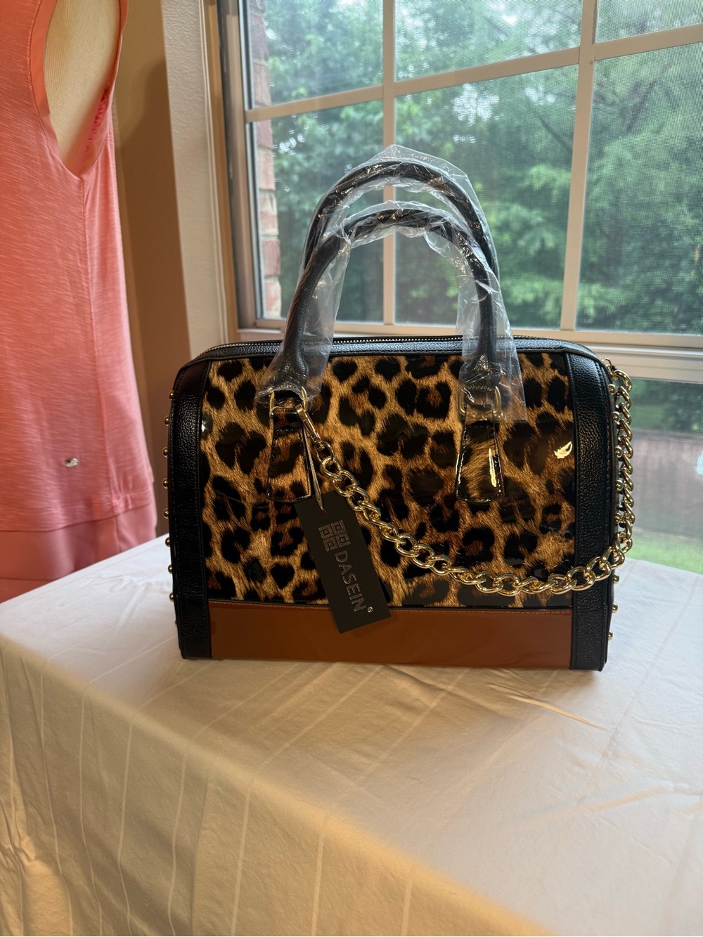 DASEN Leopard-Print Satchel Bag in Brown & Black. NWT